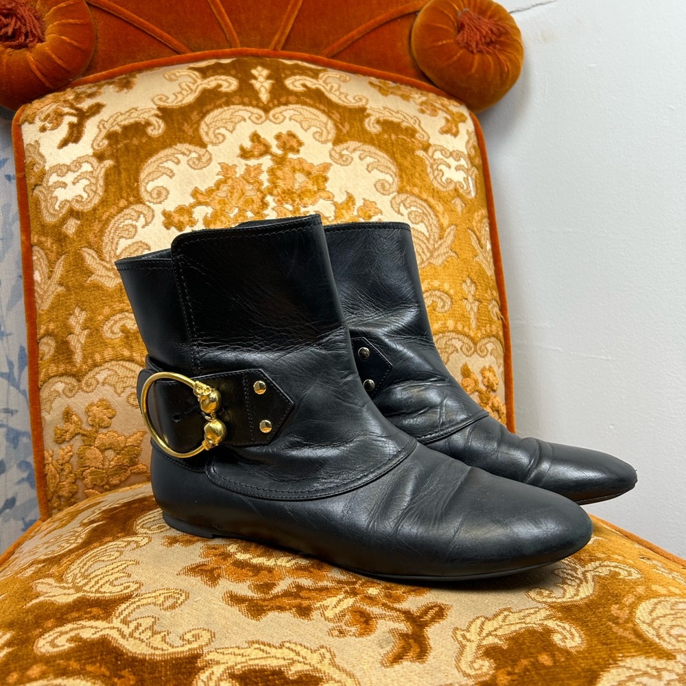 Alexander McQueen Black Leather Moto Boots with Gold Skull Buckle